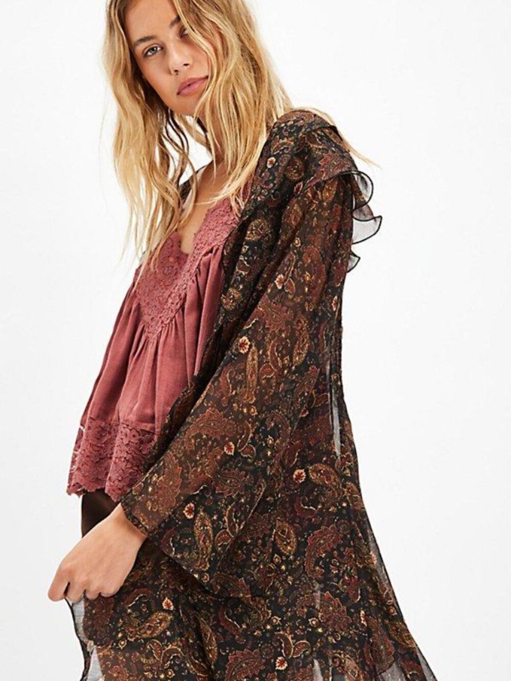 Free People Sheer Brown Paisley Ruffle Duster - Picture 2 of 9